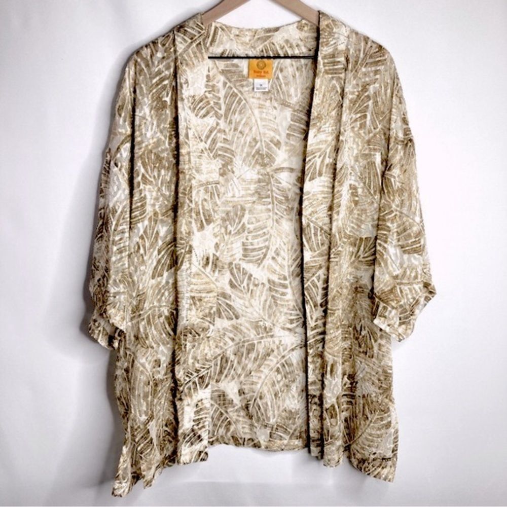 Ruby Rd Woman Open Front Light Cardigan Size 1X Beige Leaf Raised Pattern s/s